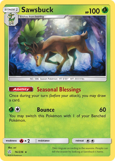 Sawsbuck (16/236) (Prerelease Kit Exclusive) (Theme Deck Exclusive) [Sun &amp; Moon: Cosmic Eclipse] 